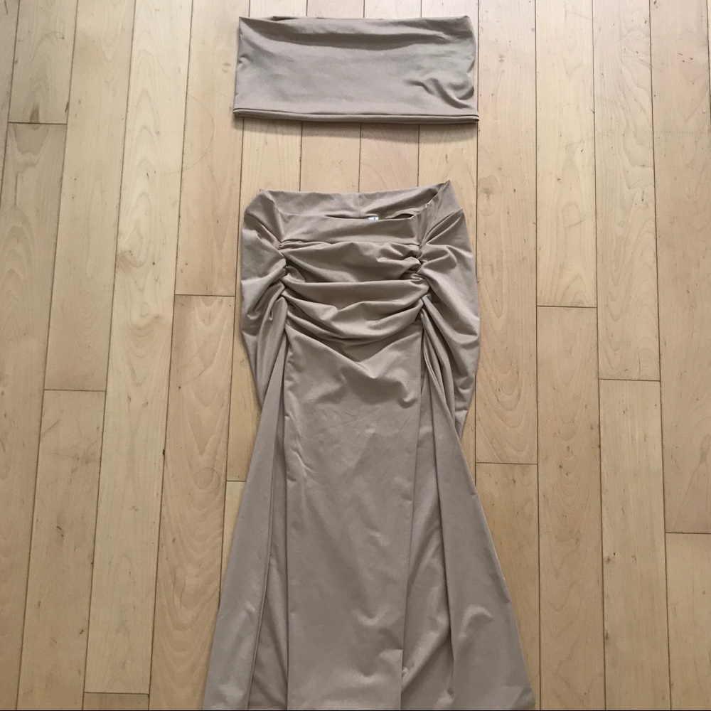 Meshki Nude Two-Piece Slit Skirt & Bandeau Set